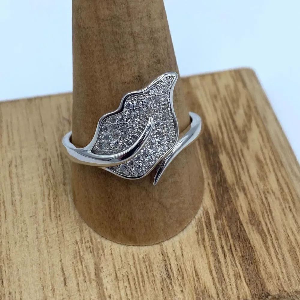Micro Pave Cz Diamond Leaf Sterling Silver Ring Size 11